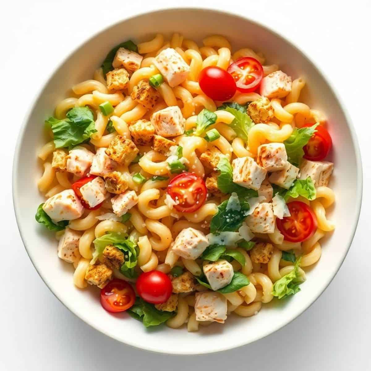Delicious chicken Caesar pasta salad with cherry tomatoes, romaine lettuce, and croutons, perfect fo.