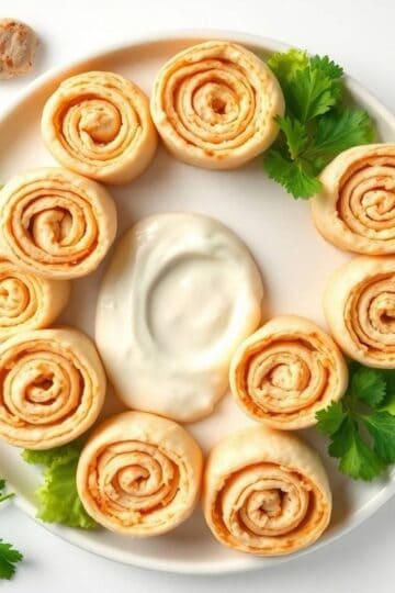 Delicious chicken Caesar pinwheels with creamy dip and fresh herbs on a white plate.