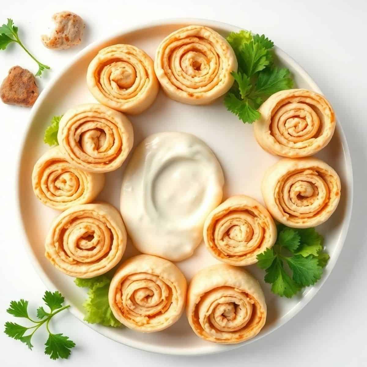 Delicious chicken Caesar pinwheels with creamy dip and fresh herbs on a white plate.