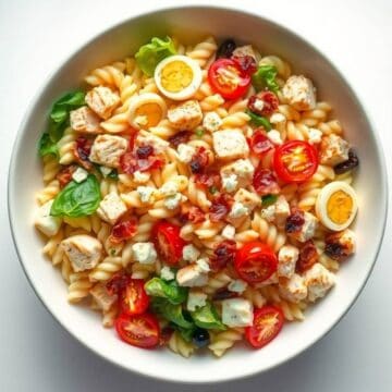 Fresh Cobb pasta salad with chicken, cherry tomatoes, boiled eggs, and mixed greens.
