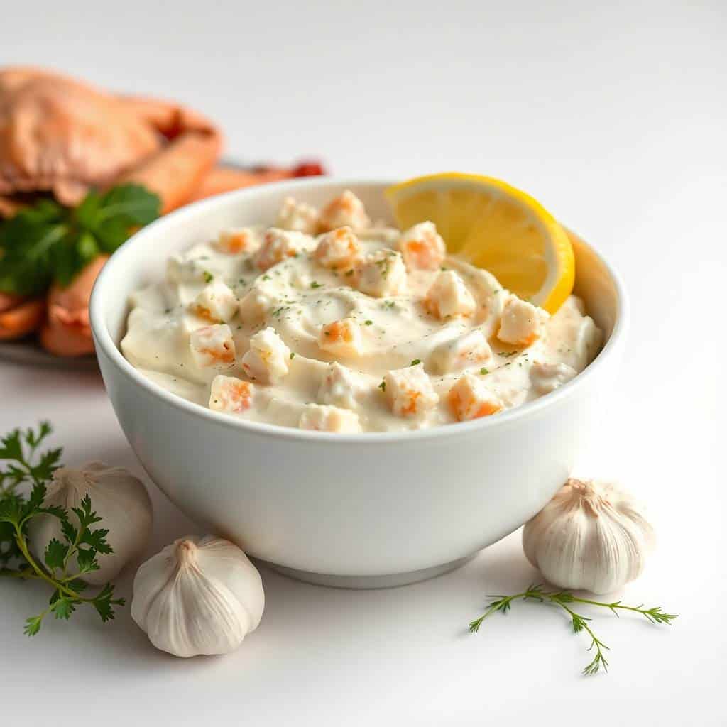 Creamy crab dip garnished with lemon wedge, garlic, and herbs.
