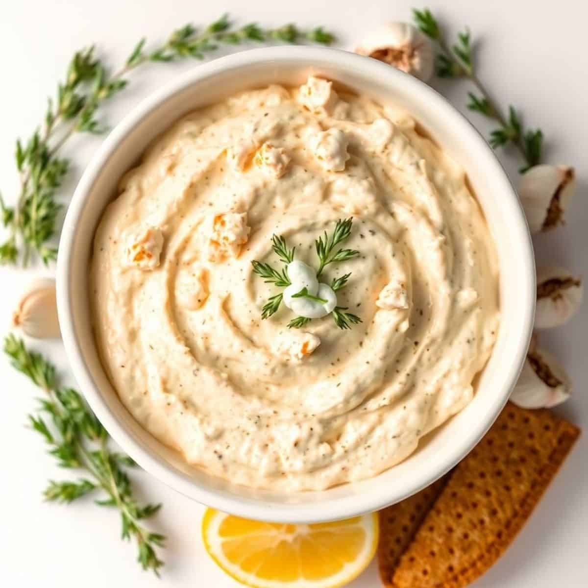 Delicious creamy crab dip served in a white bowl with herbs and crackers.