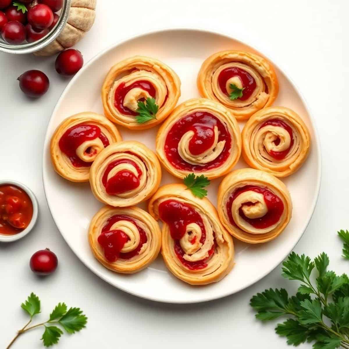 Delicious cranberry turkey pinwheels with cream cheese and herbs on a white plate.