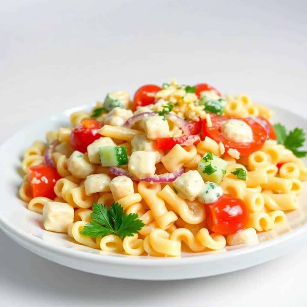 Creamy ranch pasta salad with cherry tomatoes cucumbers cheese and fresh herbs