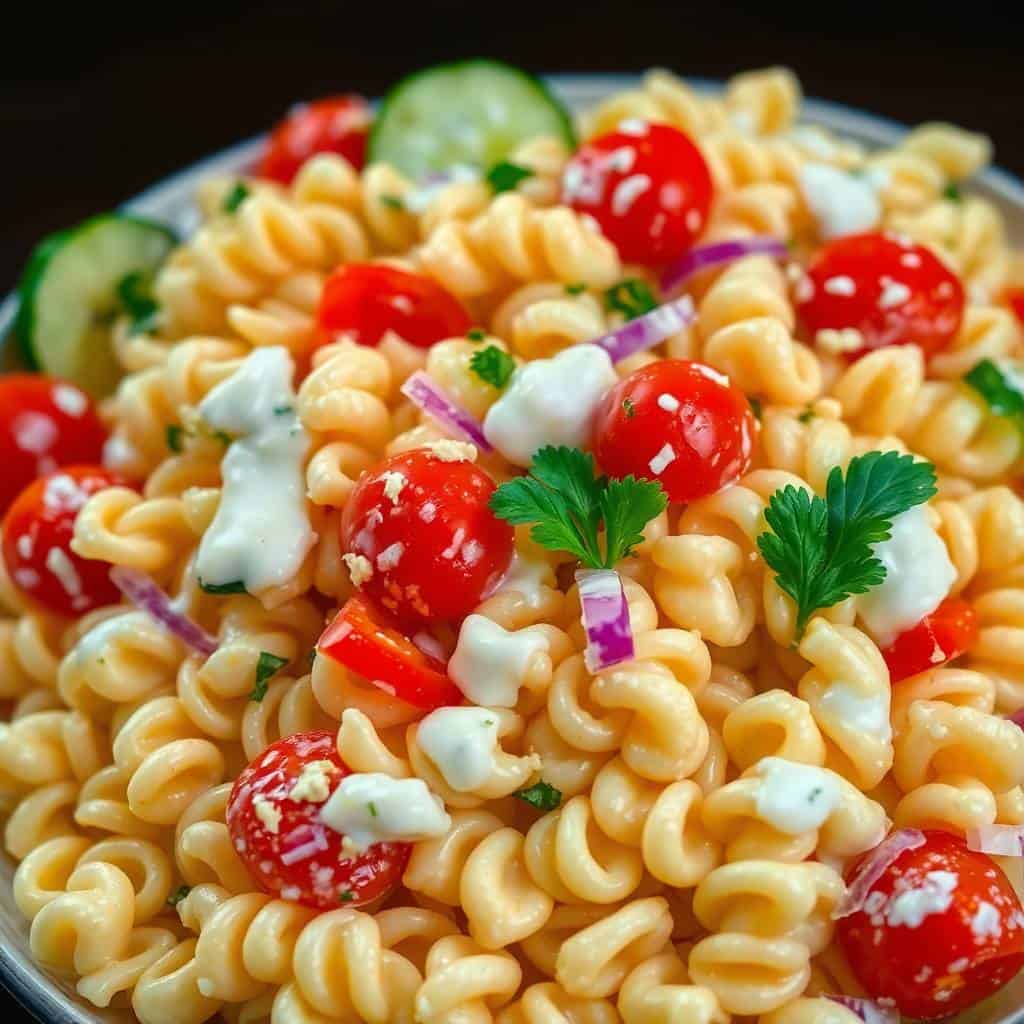 Creamy ranch pasta salad in serving bowl