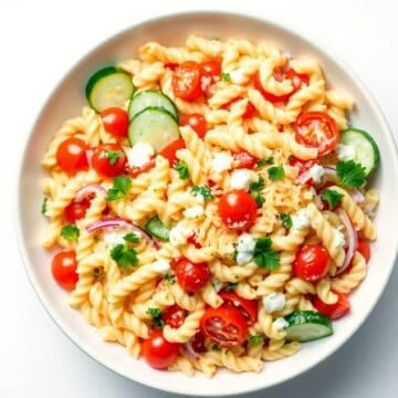 Delicious creamy ranch pasta salad with cherry tomatoes, cucumbers, and fresh herbs. Perfect for sum.