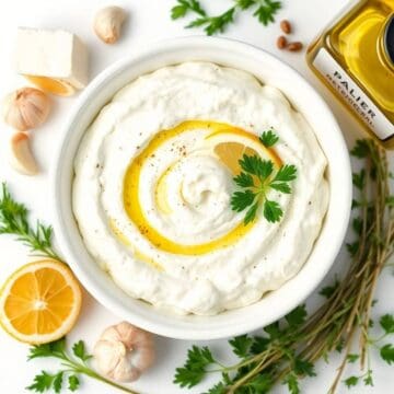 Delicious feta yogurt dip garnished with herbs and lemon, perfect for snacks or appetizers.