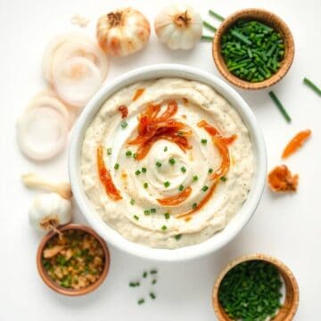 Creamy French onion dip garnished with chives and caramelized onions.