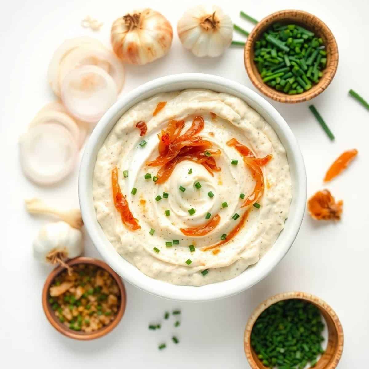 Creamy French onion dip garnished with chives and caramelized onions.