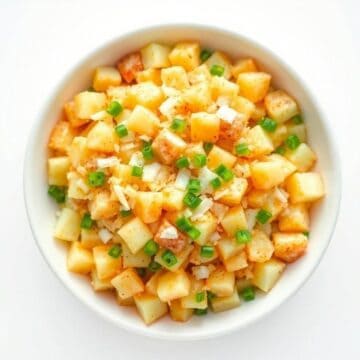 Crispy fried potato and cheese hash garnished with green onions in a white bowl.