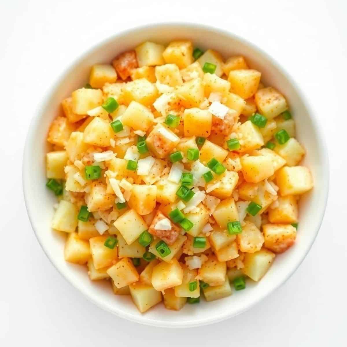 Crispy fried potato and cheese hash garnished with green onions in a white bowl.