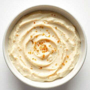 Creamy garlic Parmesan dip with orange zest garnish in a white bowl.
