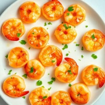 Delicious garlic parmesan shrimp bites garnished with parsley on a white plate.