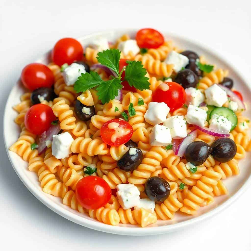 Greek pasta salad with cherry tomatoes Kalamata olives feta cheese and fresh herbs