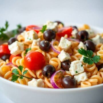 Colorful Greek pasta salad with feta cheese, black olives, cherry tomatoes, and herbs.