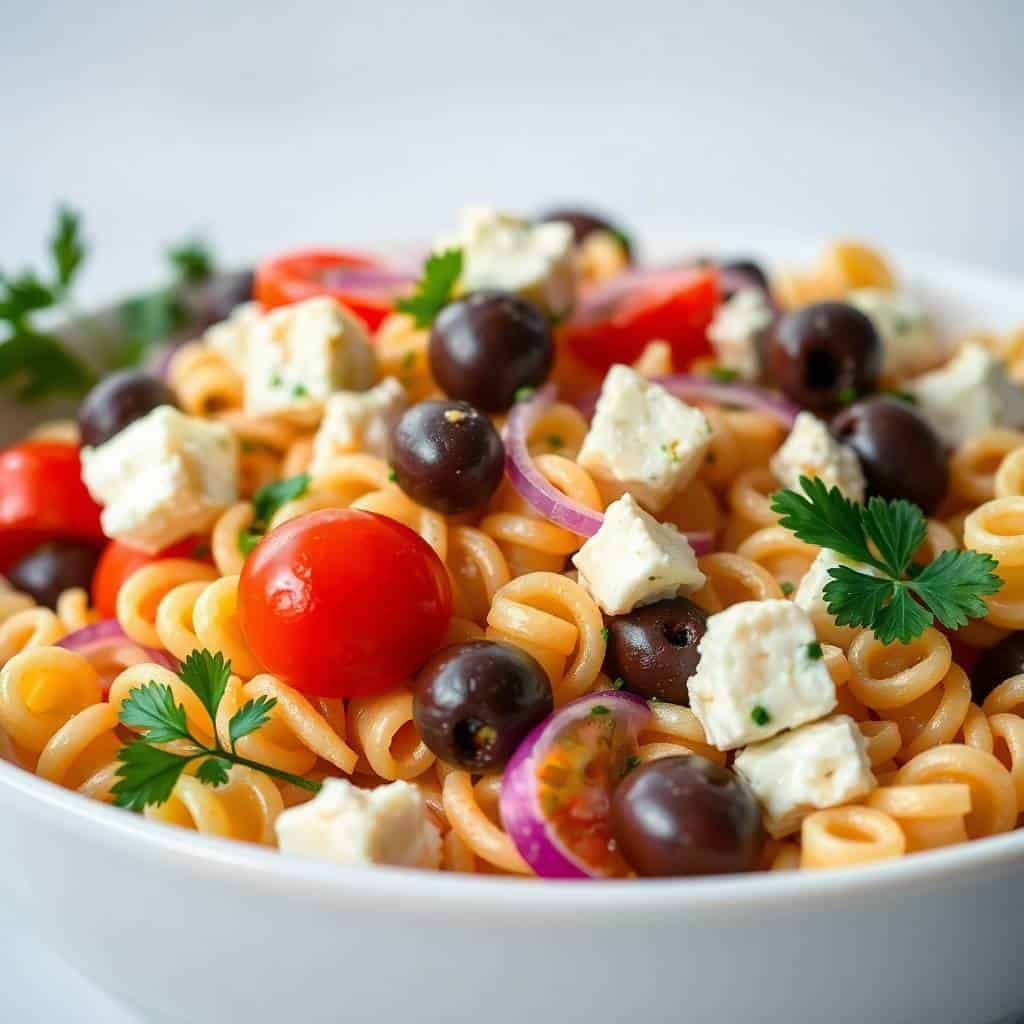 Greek pasta salad in serving bowl with garnishes