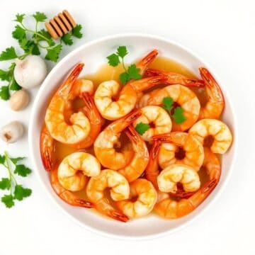 Shrimp with honey and garlic sauce served in a white bowl, garnished with fresh cilantro.
