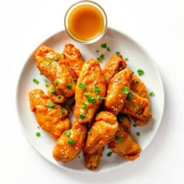 Delicious honey garlic chicken wings garnished with green onions on a white plate.