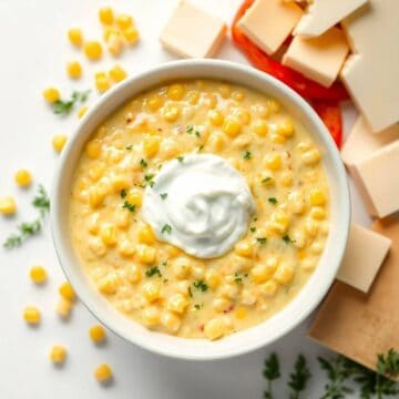 Delicious hot corn dip topped with sour cream, garnished with herbs, served with cheese cubes.