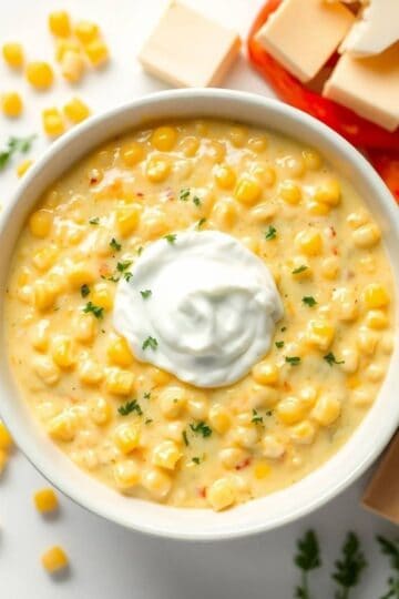 Delicious hot corn dip topped with sour cream, garnished with herbs, served with cheese cubes.