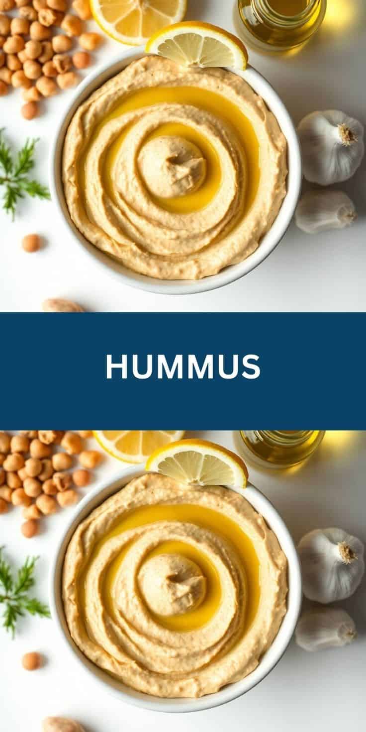Creamy hummus served with lemon slices and garlic on a white plate.