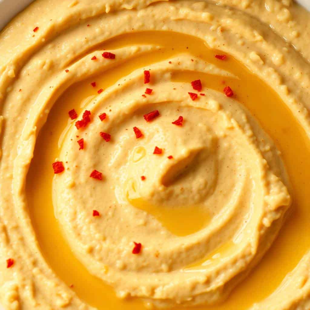 Delicious creamy hummus garnished with olive oil and red pepper flakes.