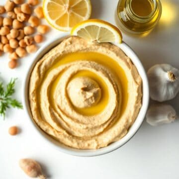 Creamy hummus garnished with lemon slices and olive oil, on a white plate.