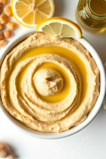 Creamy hummus garnished with lemon slices and olive oil, on a white plate.