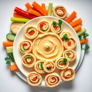Healthy hummus and veggie pinwheels with colorful fresh vegetables and creamy hummus. Perfect for sn.
