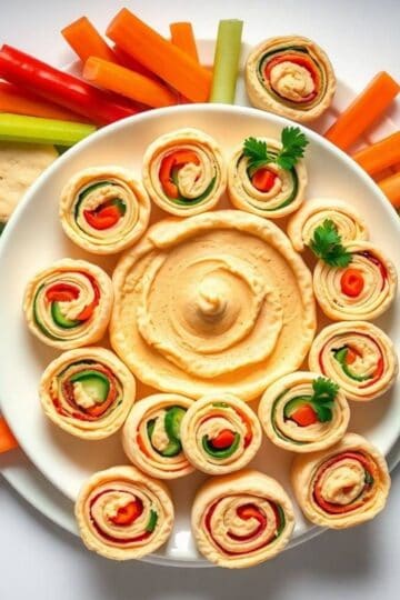 Healthy hummus and veggie pinwheels with colorful fresh vegetables and creamy hummus. Perfect for sn.