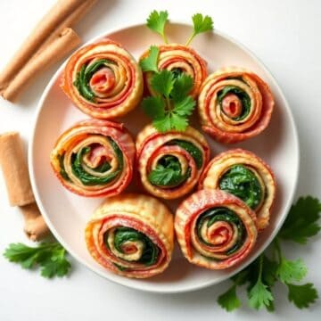 Delicious Italian cold cut pinwheels with ham, cheese, and herbs on a white plate.