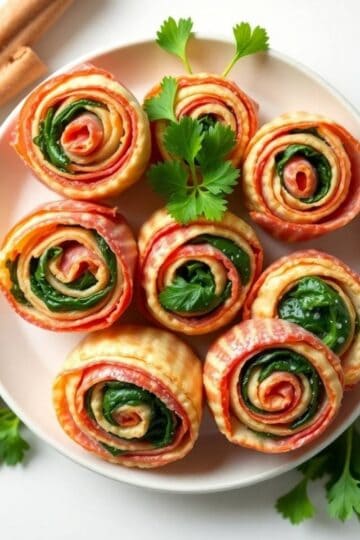 Delicious Italian cold cut pinwheels with ham, cheese, and herbs on a white plate.