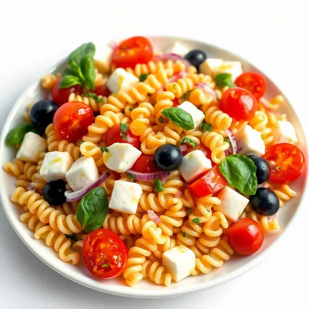 Italian pasta salad with cherry tomatoes mozzarella basil and red wine vinaigrette