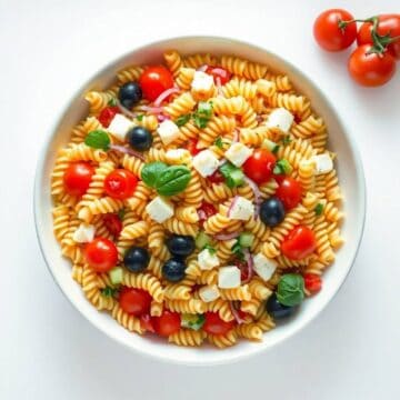 Colorful Italian pasta salad with cherry tomatoes, mozzarella, and basil.