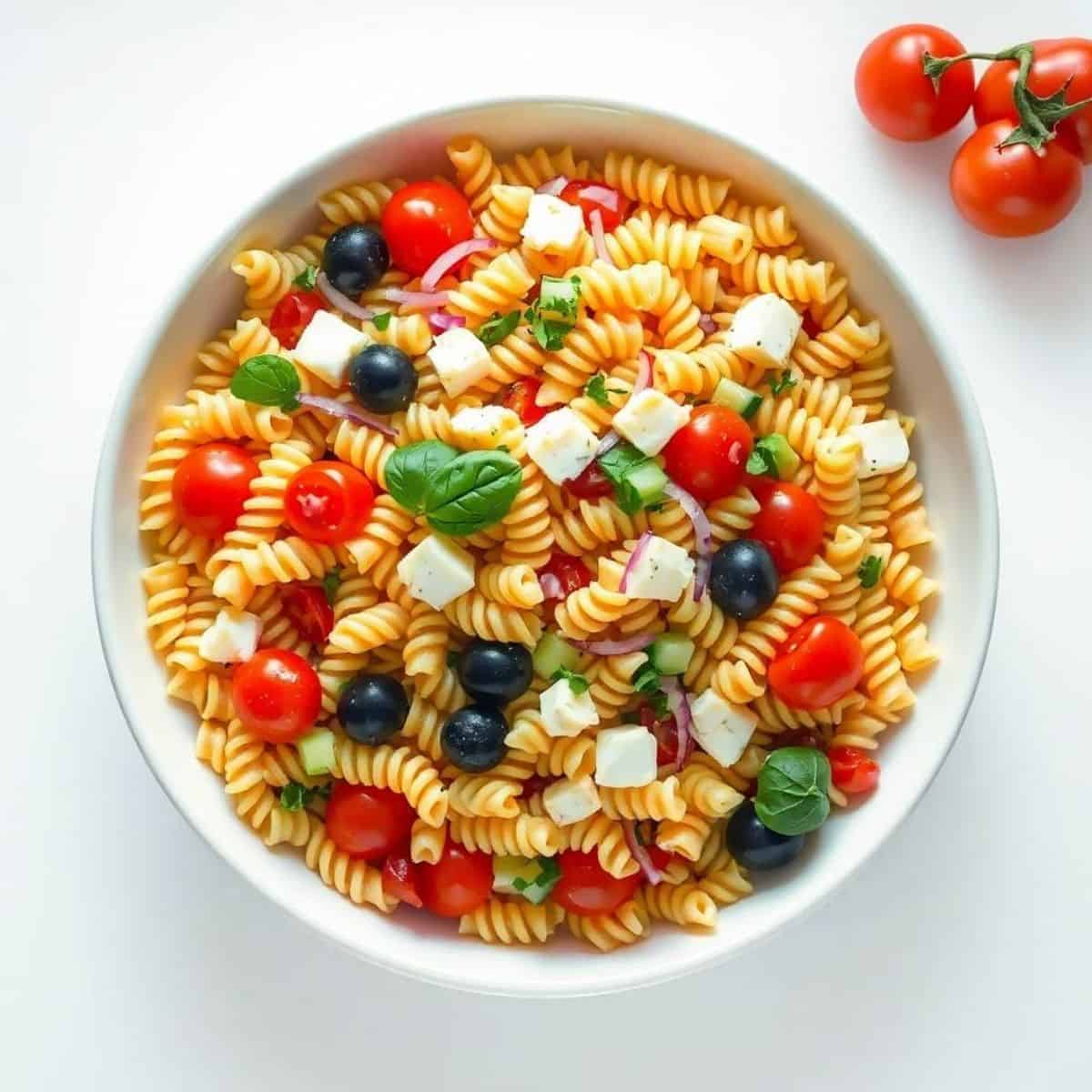 Colorful Italian pasta salad with cherry tomatoes, mozzarella, and basil.