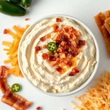 Creamy jalapeño popper dip topped with bacon bits and cheese, perfect for parties.