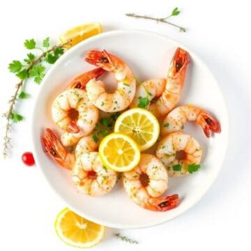 Fresh lemon herb shrimp on a white plate with lemon slices and herbs.