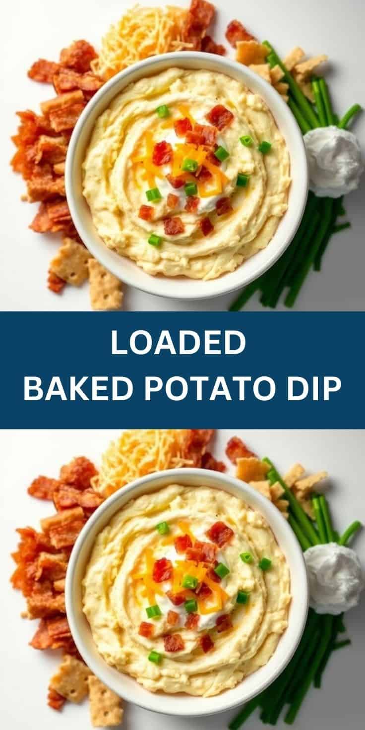 Creamy loaded baked potato dip with cheese, bacon, and chives served with crispy chips and fresh veg.