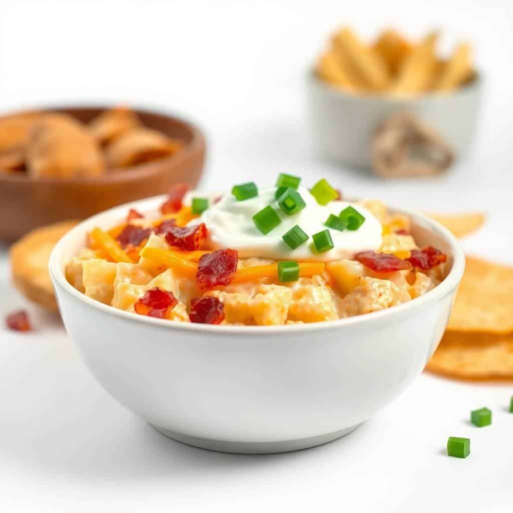 Creamy loaded baked potato dip topped with green onions and bacon bits. Perfect for parties and snac.