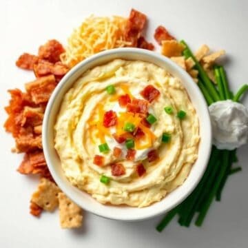 Creamy loaded baked potato dip with cheese, bacon, and green onions served with chips and vegetables.