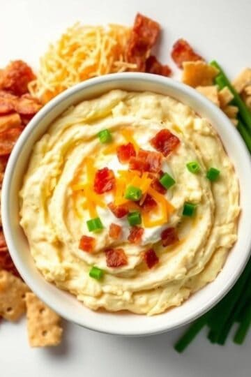 Creamy loaded baked potato dip with cheese, bacon, and green onions served with chips and vegetables.