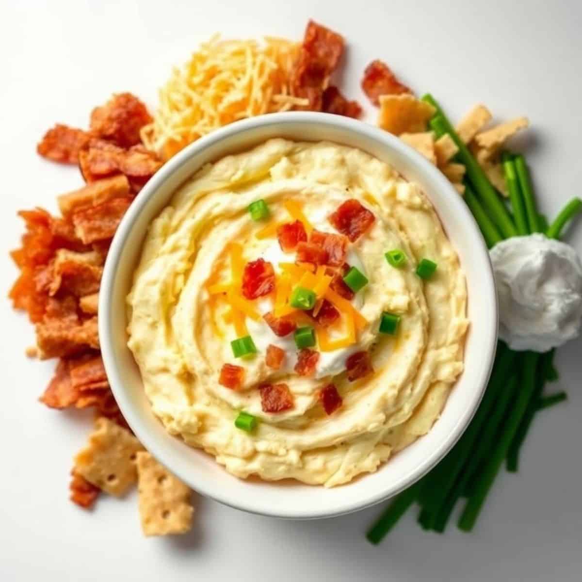 Creamy loaded baked potato dip with cheese, bacon, and green onions served with chips and vegetables.
