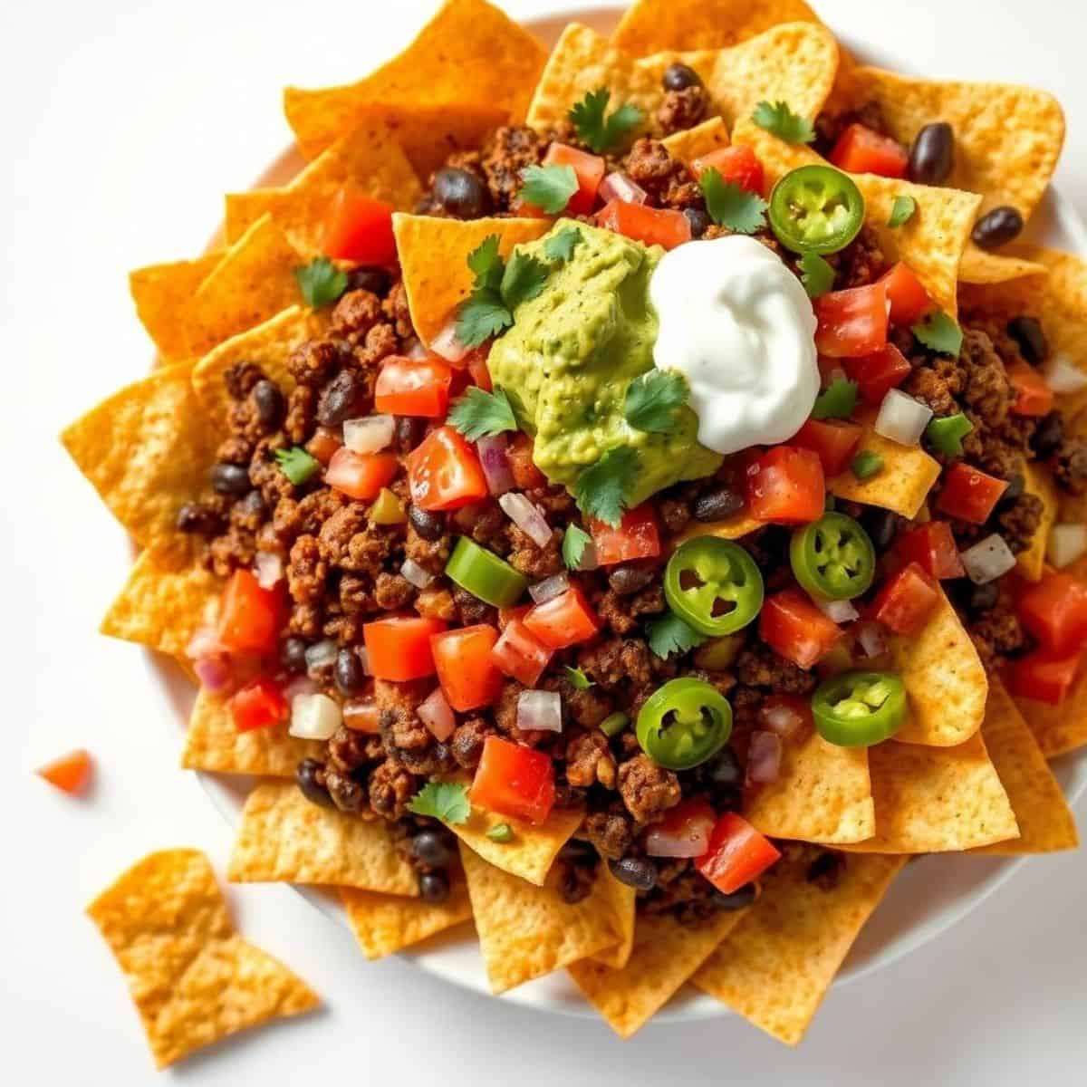 Loaded Nachos with seasoned ground beef melted cheese beans jalapeños guacamole sour cream