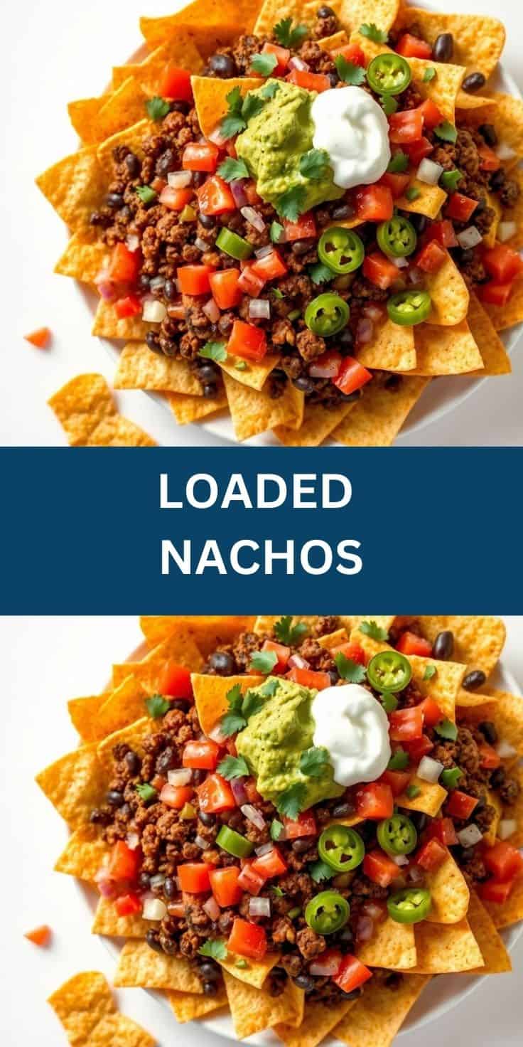 Delicious loaded nachos topped with ground beef, guacamole, sour cream, and fresh vegetables.