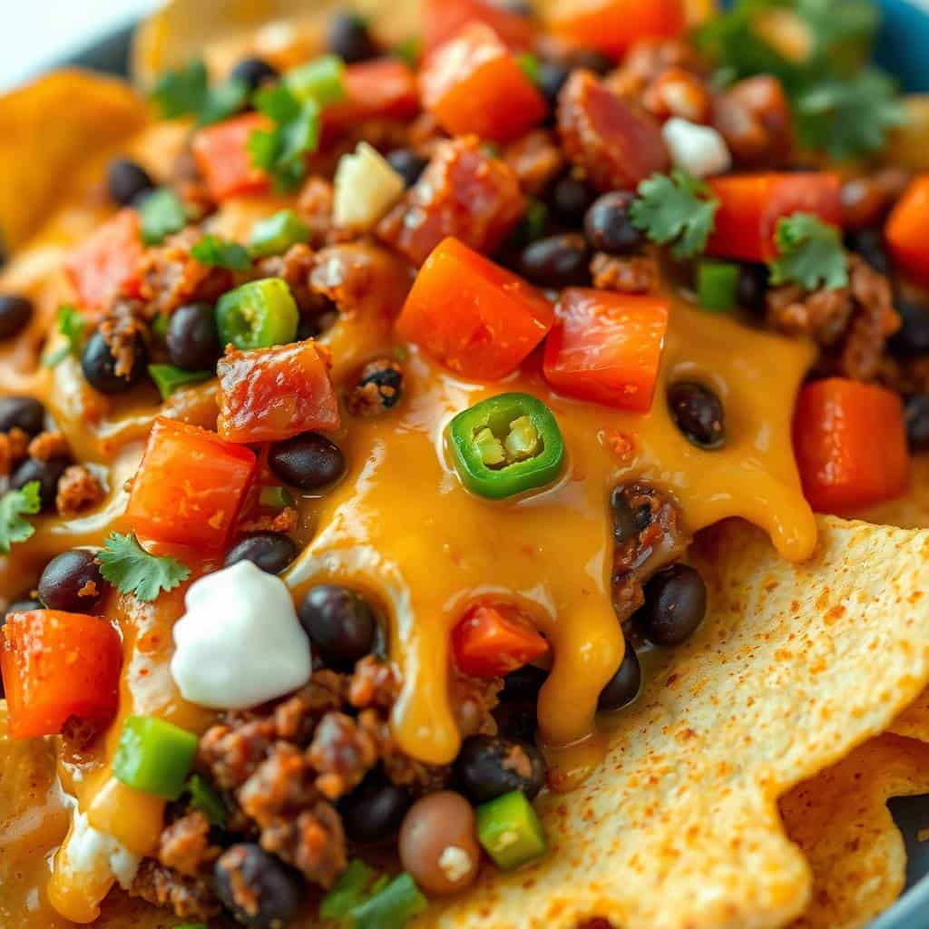 Loaded Nachos close up melted cheese seasoned beef jalapeños sour cream guacamole party snack
