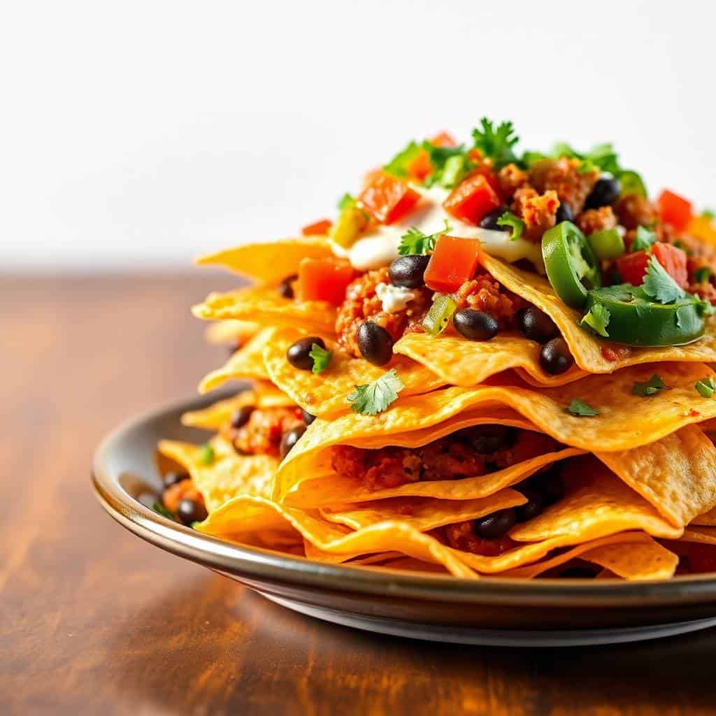Loaded Nachos baked melted cheese seasoned beef black beans jalapeños fresh toppings