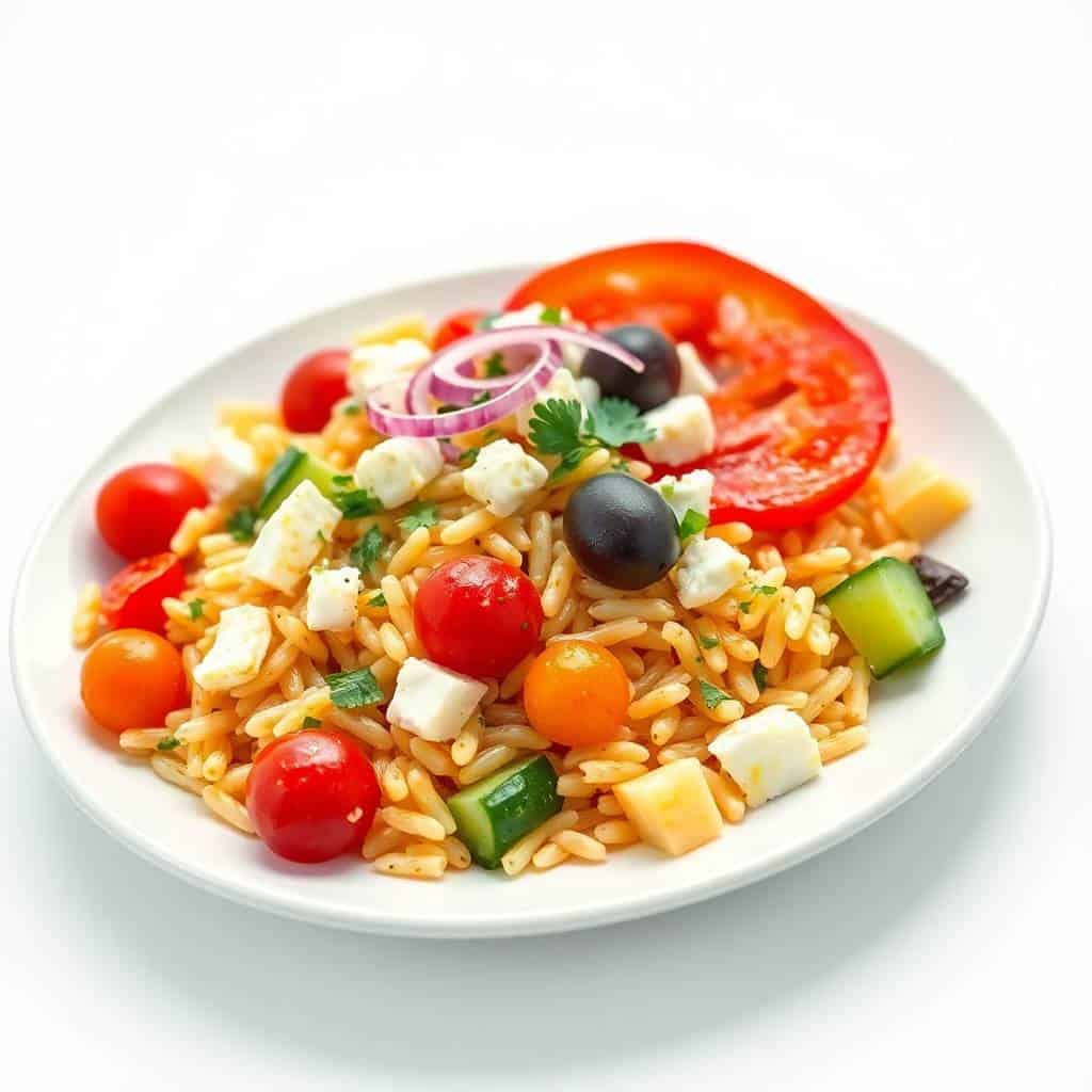 Mediterranean orzo salad with cherry tomatoes cucumbers feta and fresh herbs