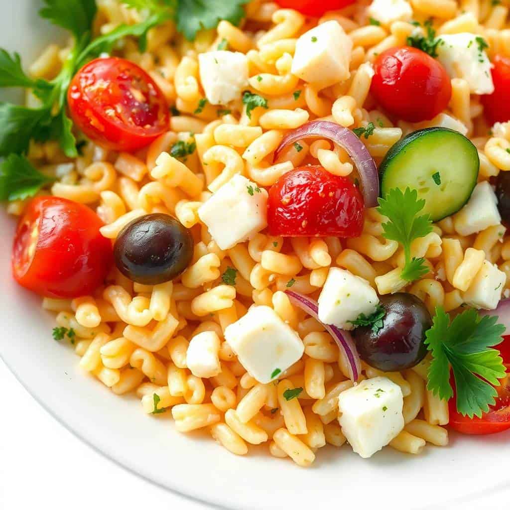Mediterranean orzo salad close-up with feta and herbs