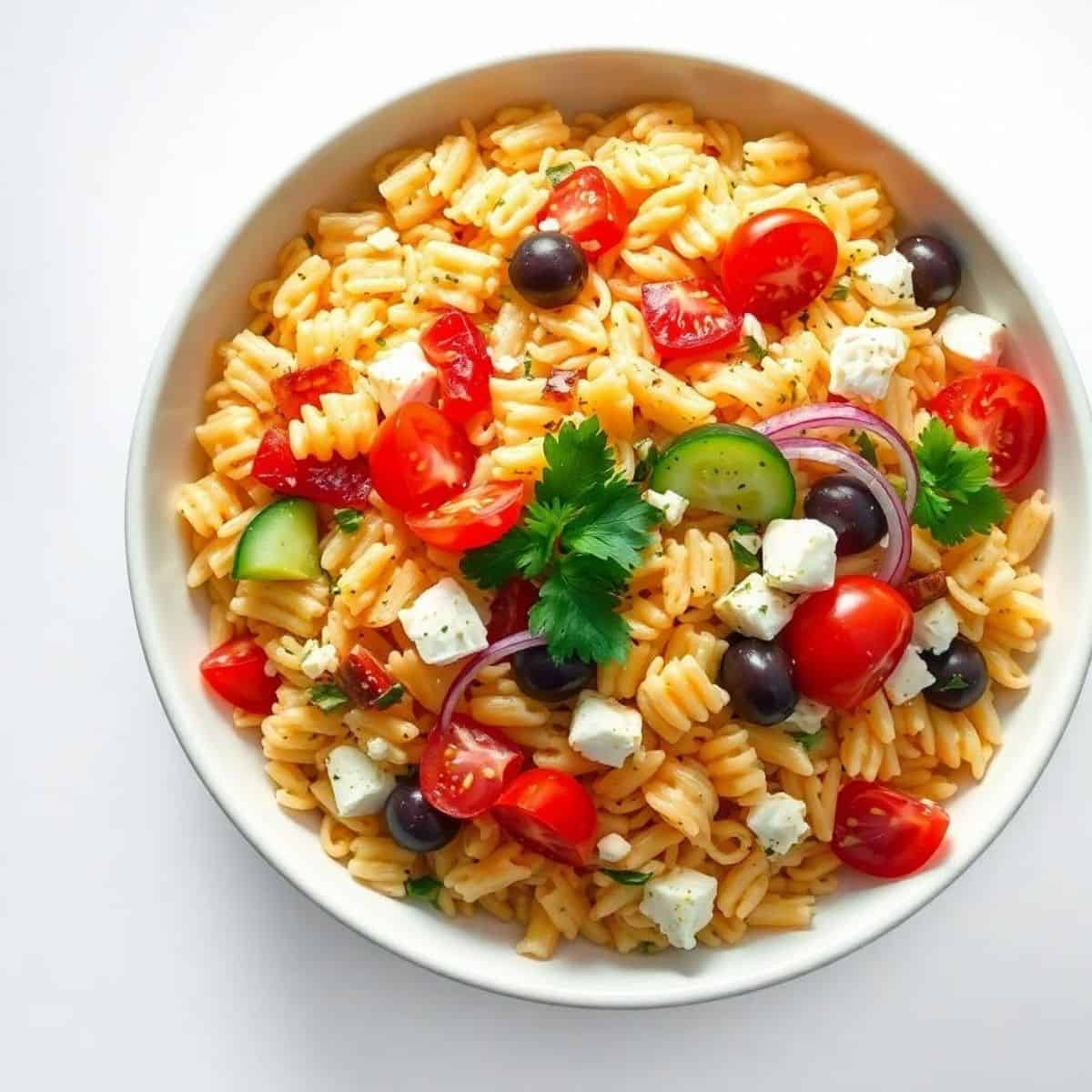 Colorful Mediterranean orzo salad with cherry tomatoes, cucumbers, feta, and herbs.