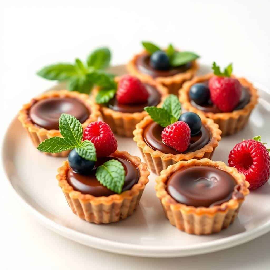 Mini chocolate tarts with raspberries and powdered sugar